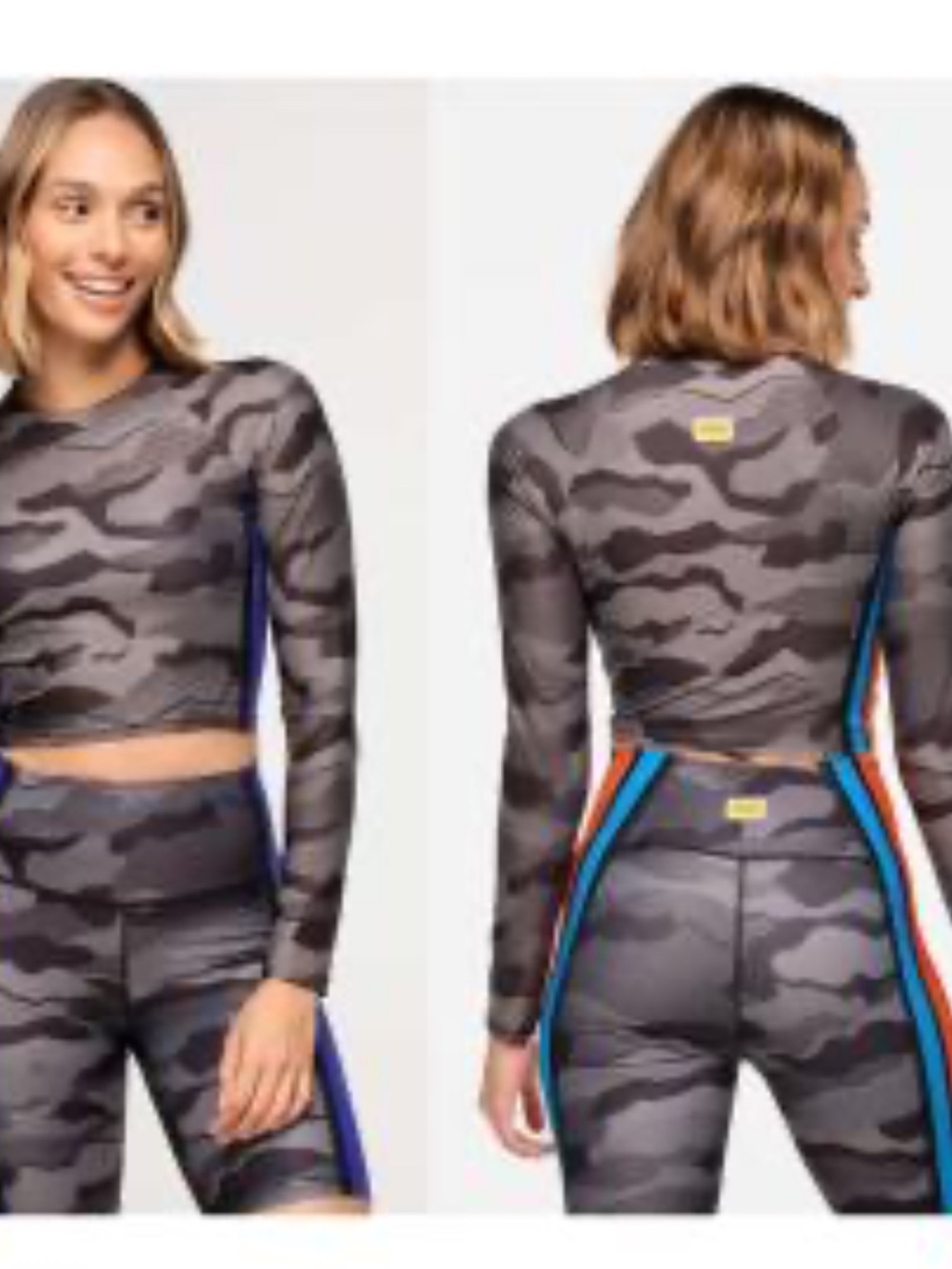 NWT Zumba Explore Long Sleeve Crew Neck Crop Top - Gray Camo with Blue Trim